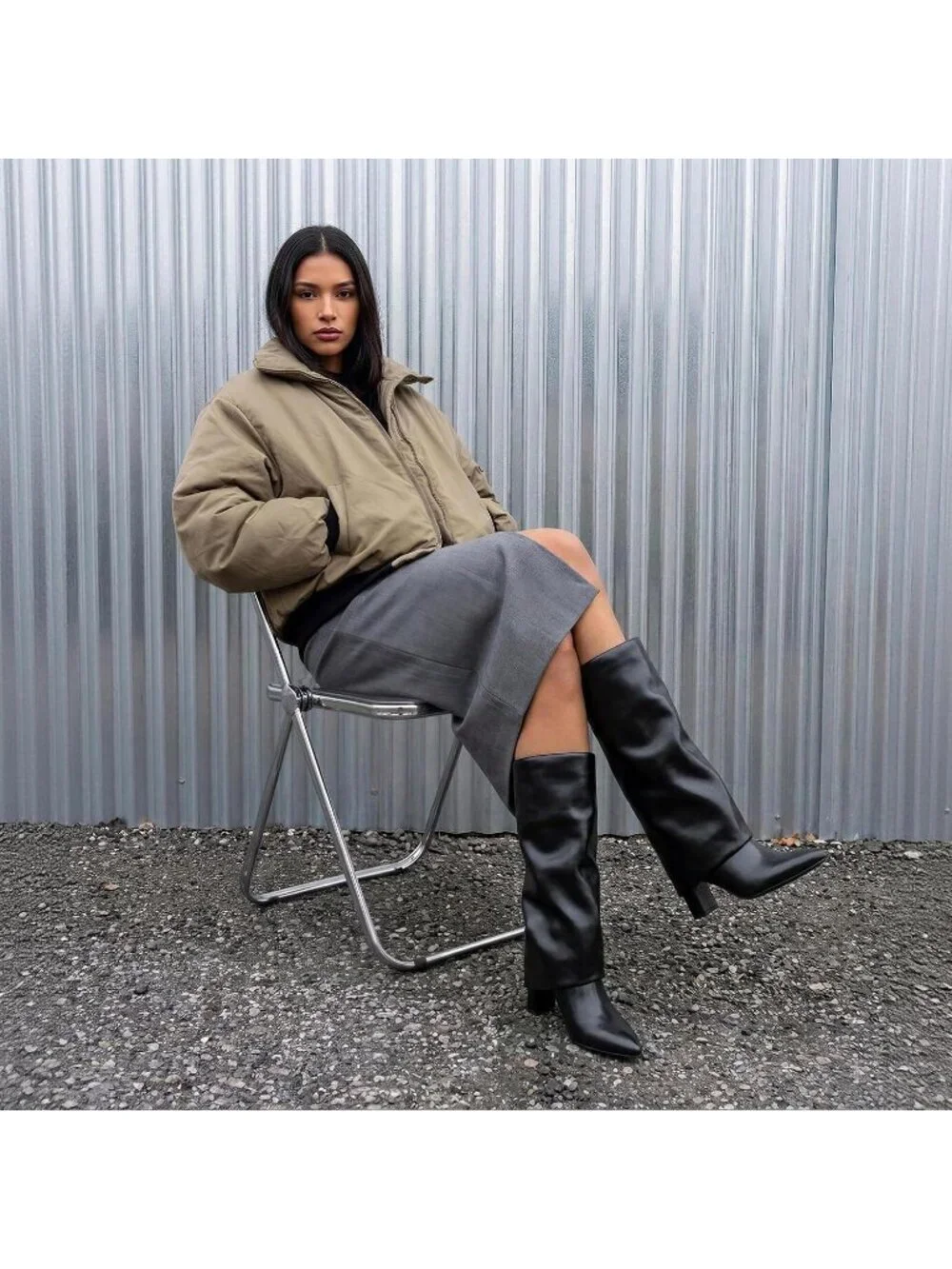 Women's Black Shaft Pointed Toe Chunky Heel Faux Leather Over The Knee High Boot